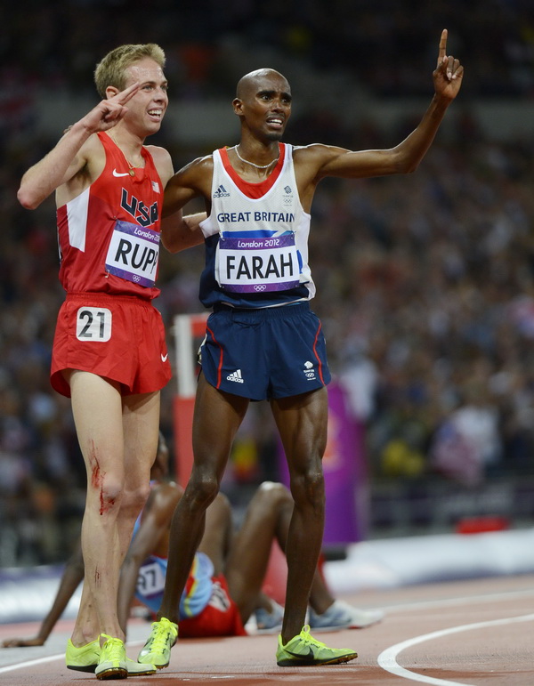 Galen Rupp i Mo Farah na Igrzyskach Olimpijskich w Londynie w 2012 roku. Fot. PAP