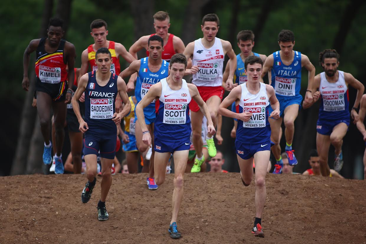 HYERES, FRANCE - DECEMBER 13: Jonathan Davies (R) of Great Britain eventual winner leads the way alongside team mate Marc Scott (C) in the U23 Men's race during the Spar European Cross Country Championships on December 13, 2015 in Hyeres, France. (Photo by Michael Steele/Getty Images)