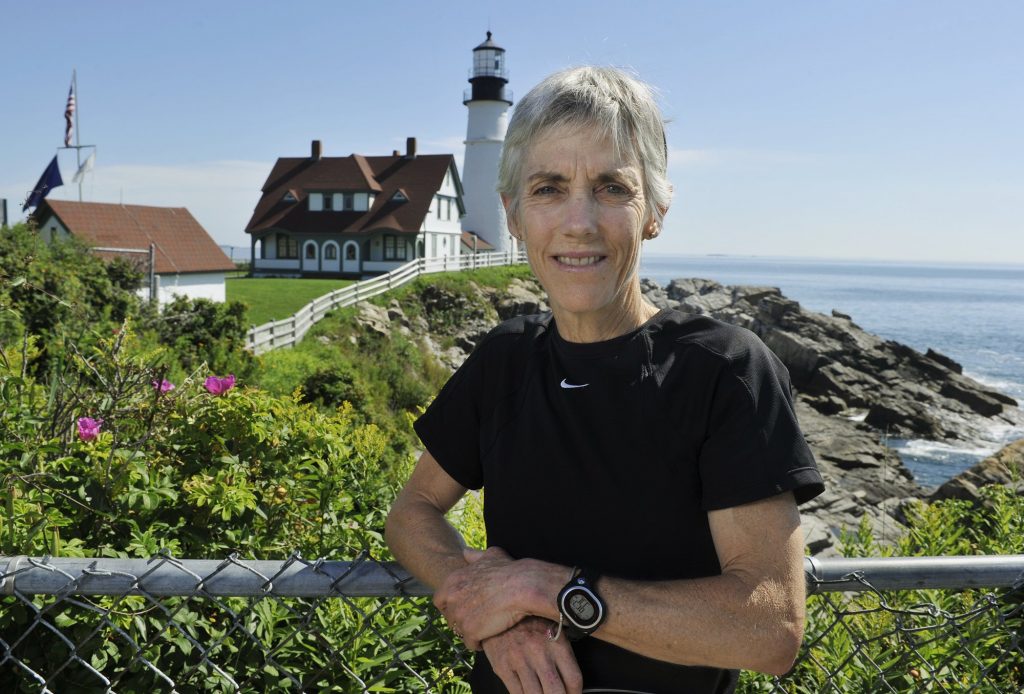 Joan Benoit Samuelson discusses this year's upcoming Beach to Beacon 10k road race. (Photo by John Ewing/Portland Press Herald via Getty Images)