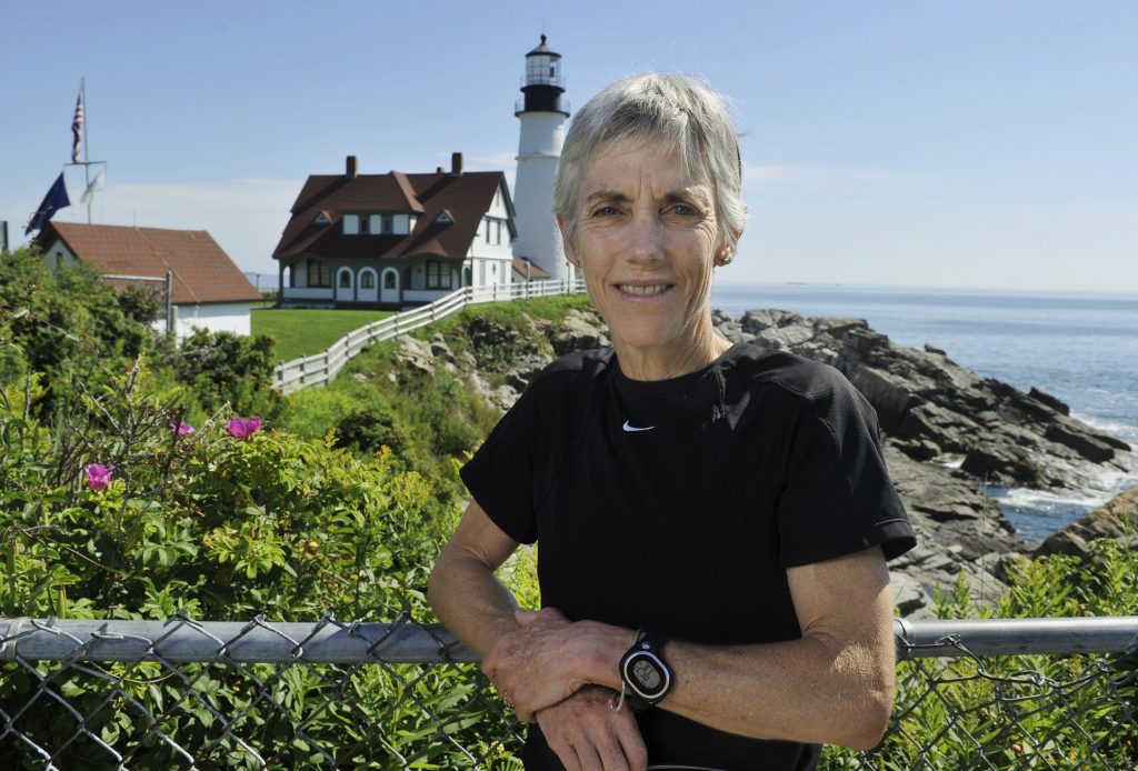 Joan Benoit Samuelson discusses this year's upcoming Beach to Beacon 10k road race.  (Photo by John Ewing/Portland Press Herald via Getty Images)