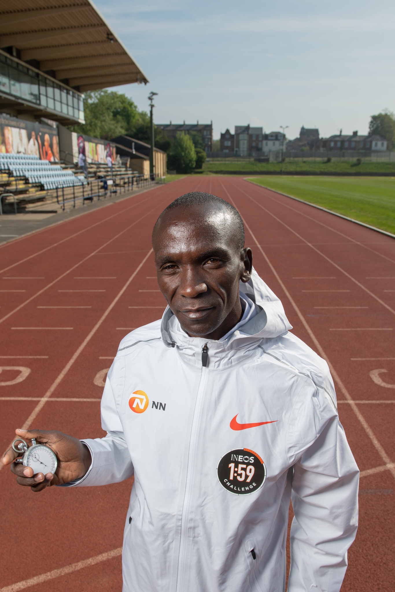 Eliud Kipchoge KEN, with the stopwatch used to time Roger Bannisters sub-4-minute mile at the Iffley road running track on the 30th April 2019. Photo: Thomas Lovelock for london marathon events