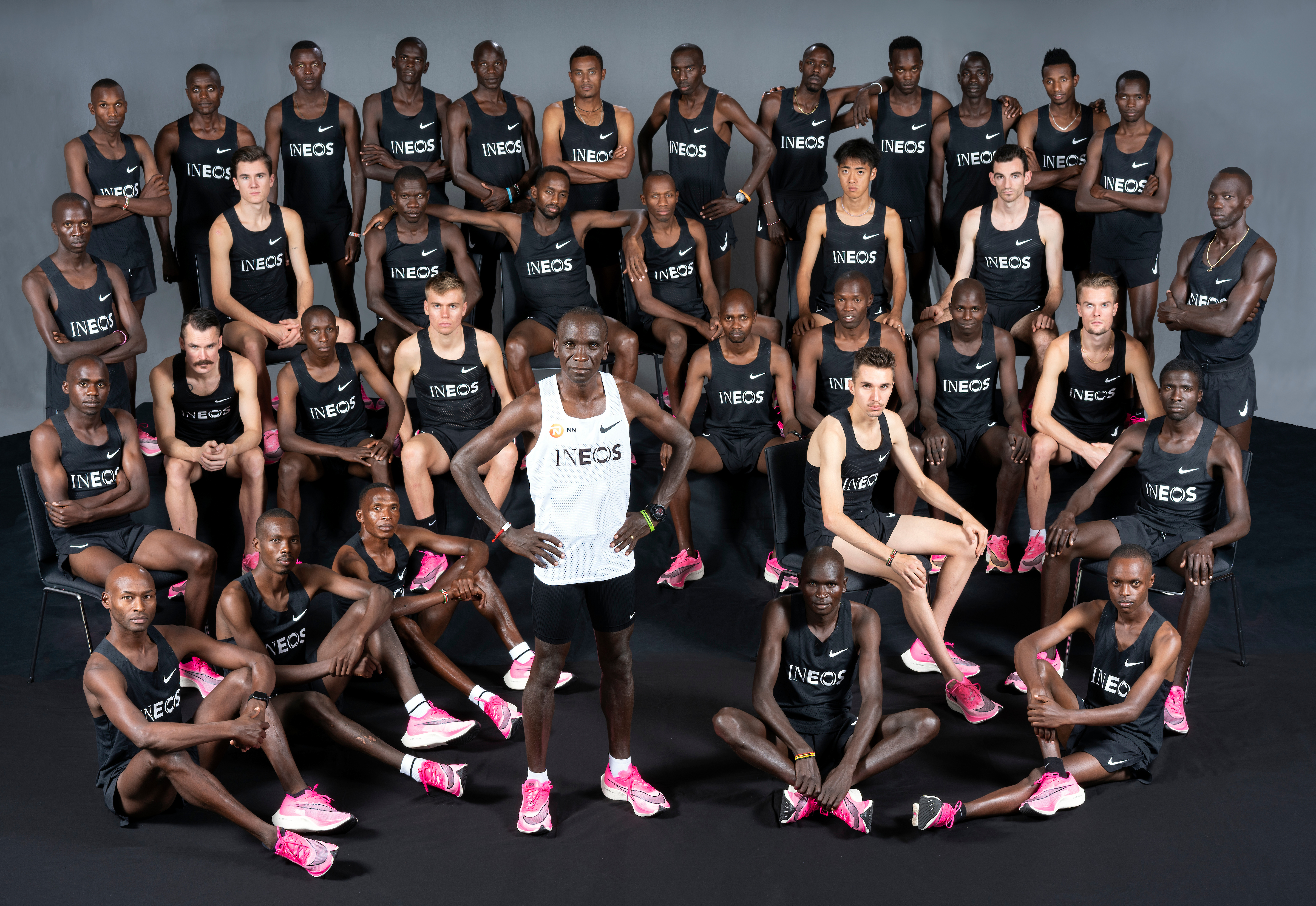 Eliud Kipchoge (white vest), world record holder, Olympic champion and the greatest marathon runner of all time, with his dream team of pacemakers as he prepares for his attempt to become the first man in history to run a sub two hour marathon in the INEOS 1:59 Challenge in Vienna on Saturday 12 October 2019. The team of pacemakers includes; Filip Ingebrigtsen (NOR) Henrik Ingebrigtsen (NOR), Jakob Ingebrigtsen (NOR), Jacob Kiplimo (UGA), Marius Kipserem (KEN), Eric Kiptanui (KEN), Gideon Kipketer (KEN), Abdallah Mande (UGA), Ronald Musagala (UGA), Chala Regasa (ETH) Hillary Bor (USA), Jonathan Korir (KEN), Julian Wanders (SUI), Paul Chelimo (USA), Philemon Kacheran (KEN), Nicholas Rotich (KEN), Shadrack Kipchirchir (USA), Victor Chumo (KEN), Stanley Kebenei (USA), Augustine Choge (KEN), Kota Murayama (JPN), Noah Kipkemboi (KEN), Shadrack Koech (KEN), Moses Koech (KEN), Selemon Barega (ETH), Bernard Lagat (USA), Patrick Tiernan (AUS), Stewart McSweyn (AUS), Thomas Ayeko (UGA), Emmanuel Bett (KEN), Timothy Toroitich (UGA), Micah Kogo (KEN), Lopez Lamong (USA), Kaan Kigan Ozbilen (TUR) and Ayeko Joel (USA). The INEOS 1:59 Challenge. 9 October 2019. Photo: Bob Martin for The INEOS 1:59 Challenge