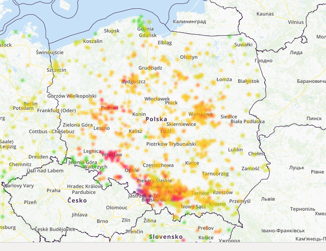 Zanieczyszczenie powietrza w Polsce dn. 17.01.2020. Mapka pochodzi ze strony airly.eu.